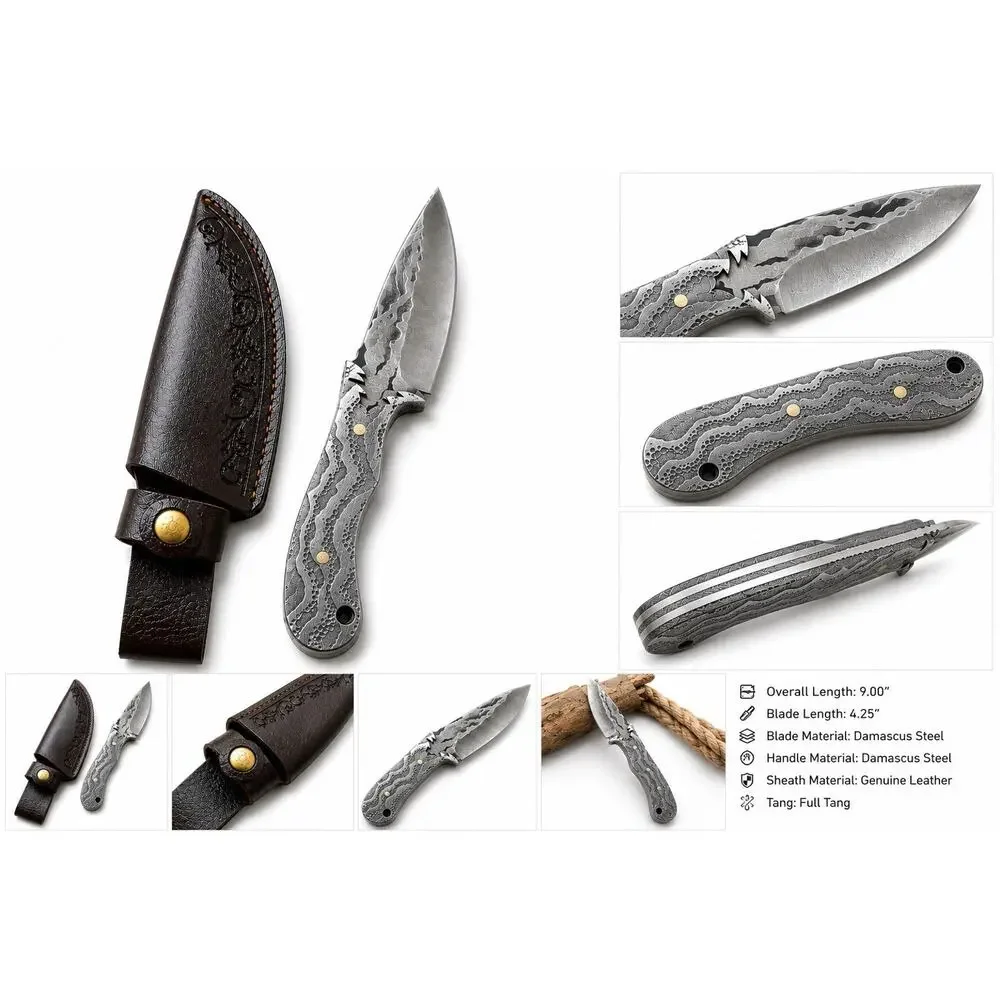 Damascus Steel Fixed Blade Hunting Knife Full Tang w/ Leather Sheath Handmade
